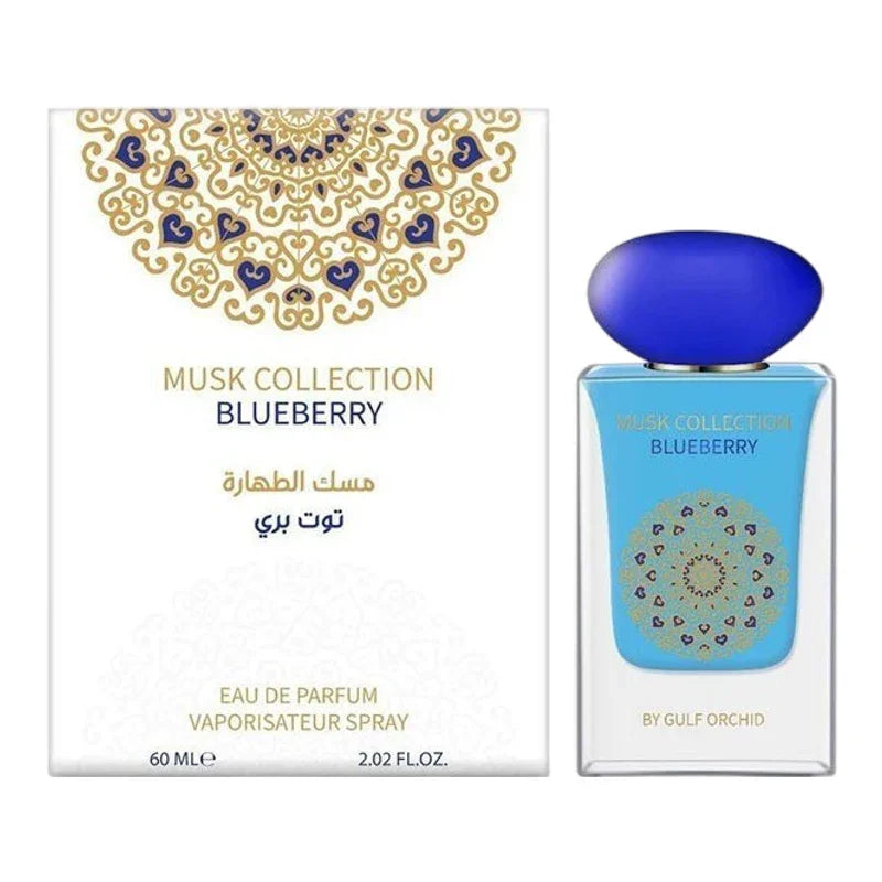 Parfum Blueberry Musk Collection, eau de parfum 60ml, flacon bleu et boîte décorée