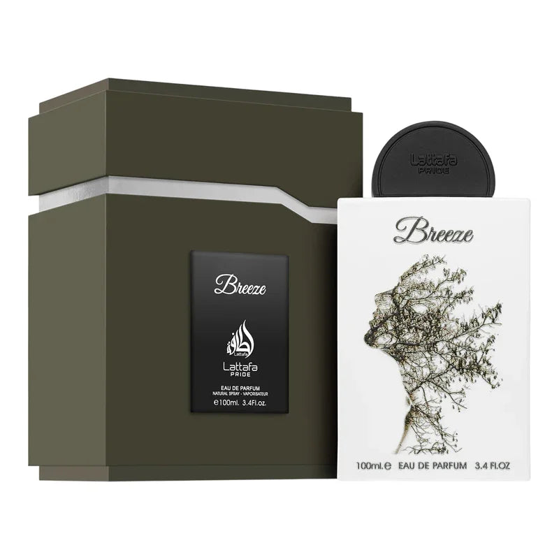 Parfum Breeze Lattefa Pride 100ml, flacon blanc et boîte olive, eau de parfum pour homme