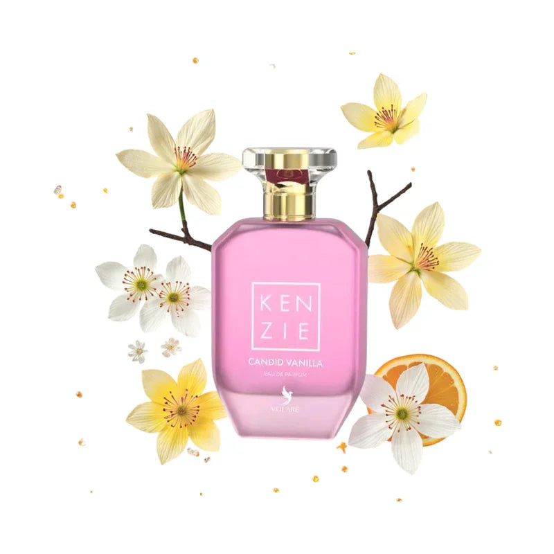 Parfum Kenzie Candid Vanilla, eau de parfum rose avec fleurs et orange, parfum d'ambiance doux et floral