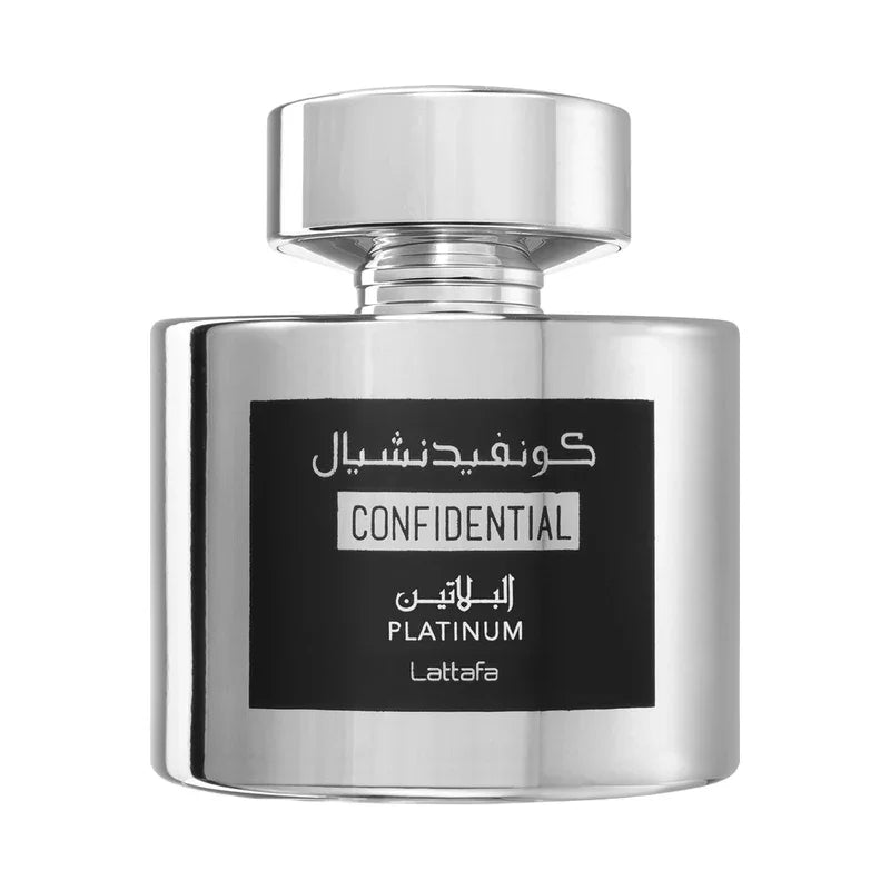 Parfum Confidential Platinum Lattafa, flacon métallique élégant avec étiquette noire et lettres blanches