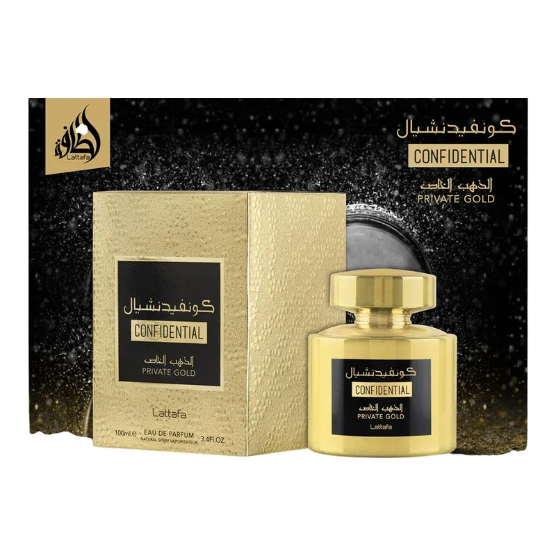 Parfum Confidential Private Gold Lattafa, flacon doré et boîte luxe, eau de parfum 100ml