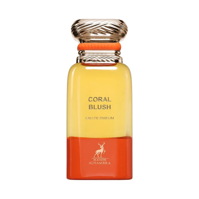 Coral Blush Eau de Parfum, flacon jaune et corail avec bouchon doré, Maison Alhambra