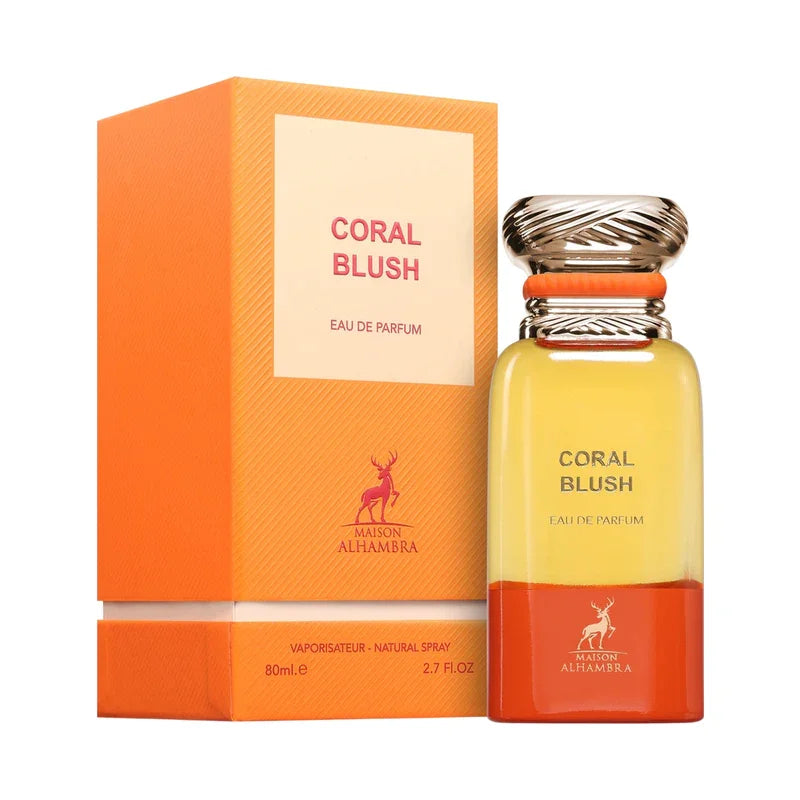 Coral Blush Eau de Parfum par Maison Alhambra, flacon doré et boîte orange, 80ml