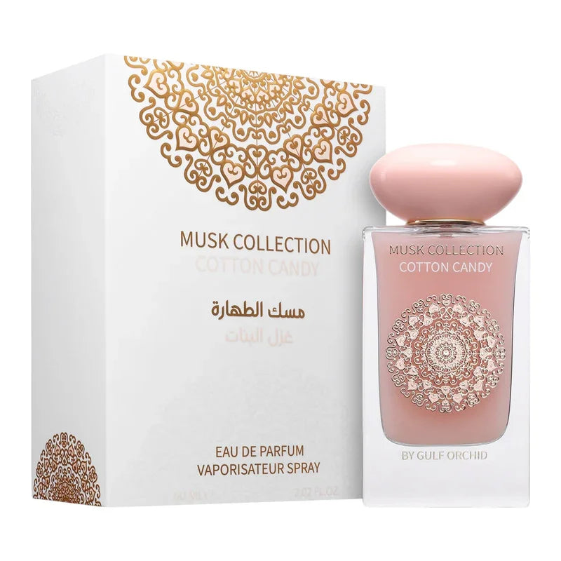 Eau de parfum Musk Collection Cotton Candy, flacon rose et boîte décorée, parfum d'ambiance doux