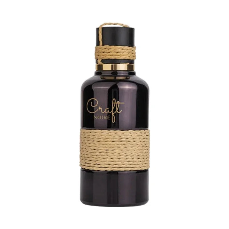 Flacon de parfum Craft Noire avec détails en corde de jute et bouchon noir.
