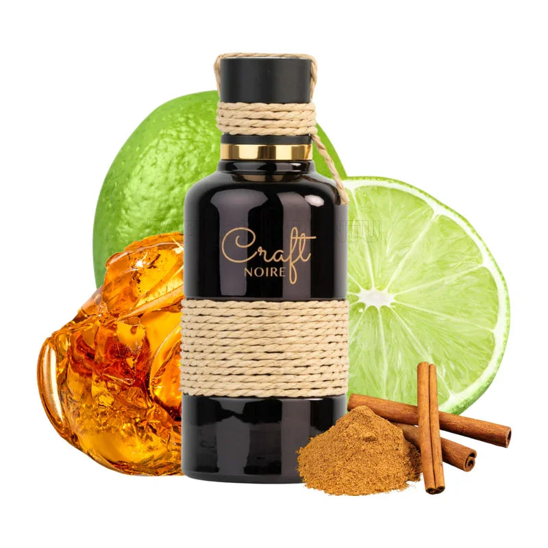 Parfum Craft Noire dans un flacon noir avec corde, entouré de citron vert et cannelle.