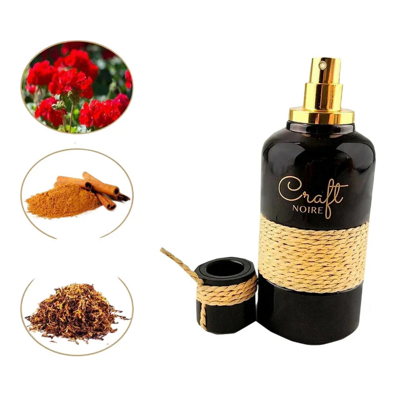 Flacon de parfum Craft Noire noir avec pompe dorée et détails de cannelle et fleurs rouges.