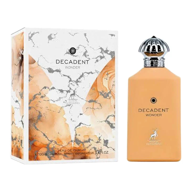 Parfum Decadent Wonder de Maison Alhambra, flacon orange et son coffret élégant.