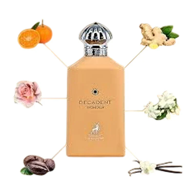 Parfum Decadent Mondia entouré d'ingrédients : orange, gingembre, fleur, vanille et café.