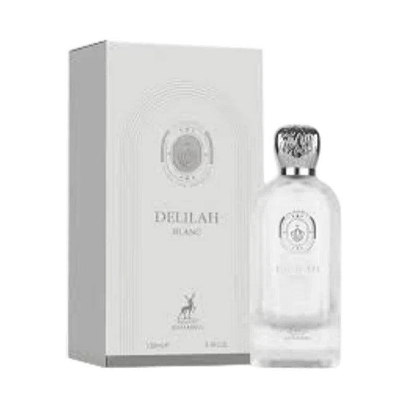 Parfum Delilah Blanc pour femme avec son flacon en verre et son étui élégant blanc.