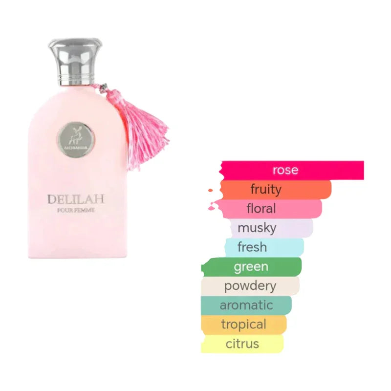 Parfum Delilah pour femme flacon rose avec notes olfactives rose, fruité et floral