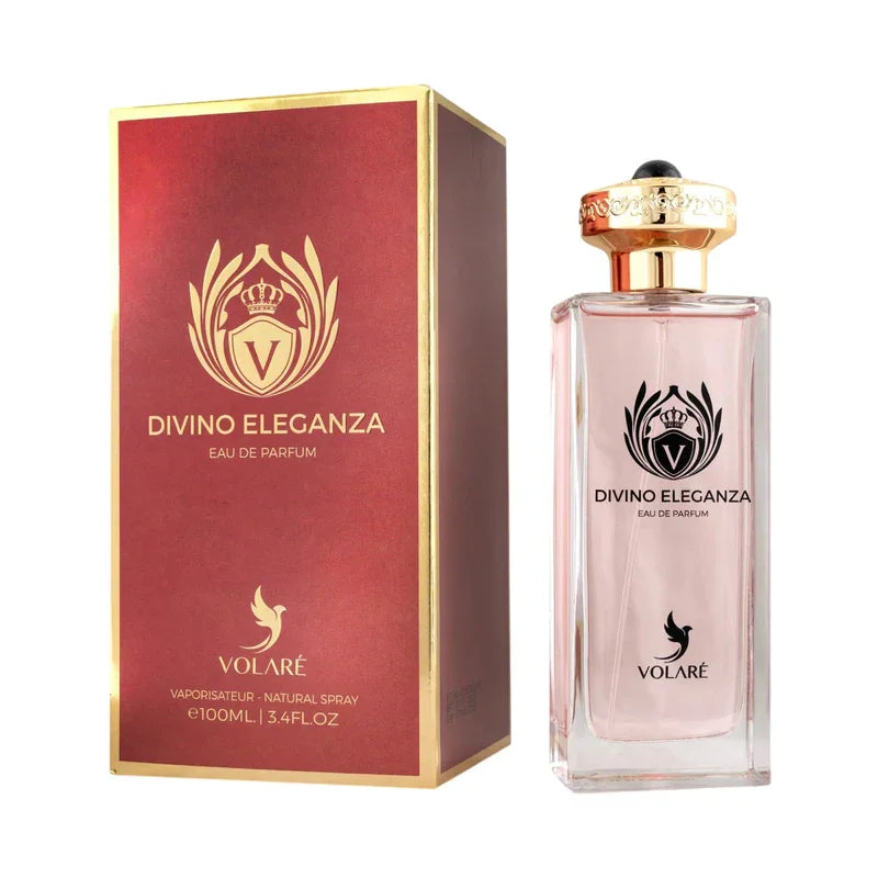 Parfum Divino Eleganza de Volaré, eau de parfum pour femme en flacon verre et coffret rouge et or
