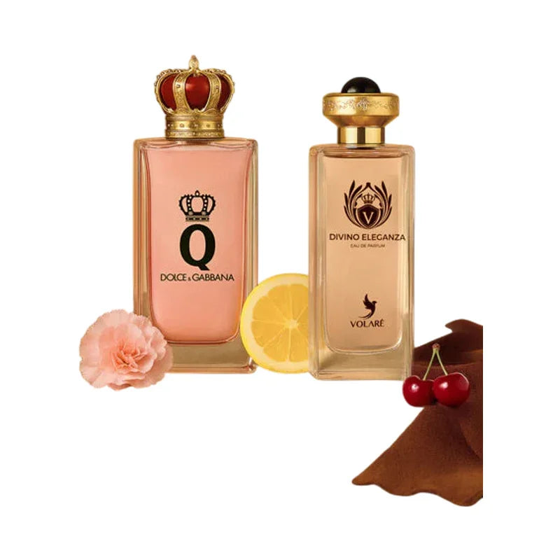 Parfums Dolce & Gabbana Q et Volare Divino Eleganza avec citron, cerises et fleur rose.