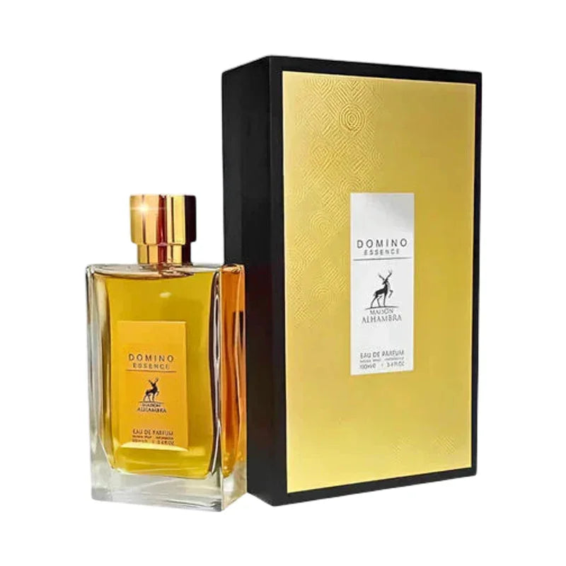 Eau de parfum Domino Essence Maison Alhambra, flacon doré avec boîte luxueuse, parfum haut de gamme