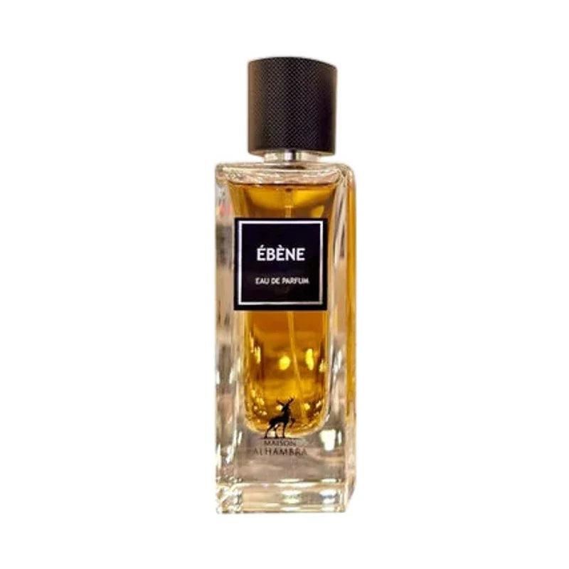 Ébène Eau de Parfum, flacon en verre transparent avec liquide doré et bouchon noir texturé