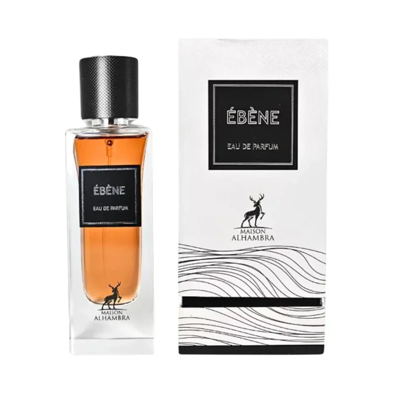 Ébène Eau de Parfum Maison Alhambra, flacon transparent avec liquide ambré et boîte élégante