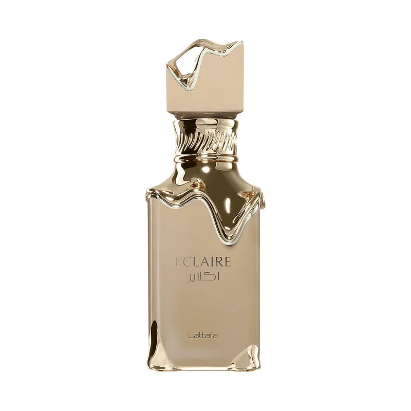 Flacon de parfum ECLAIRE Lattafa doré, design élégant et luxueux, parfum oriental pour femme