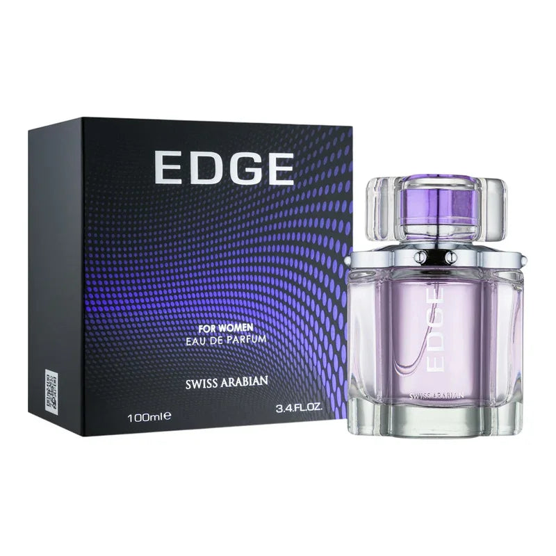 Parfum Eau de Parfum Edge de Swiss Arabian pour femme, flacon violet et boîte noire 100ml