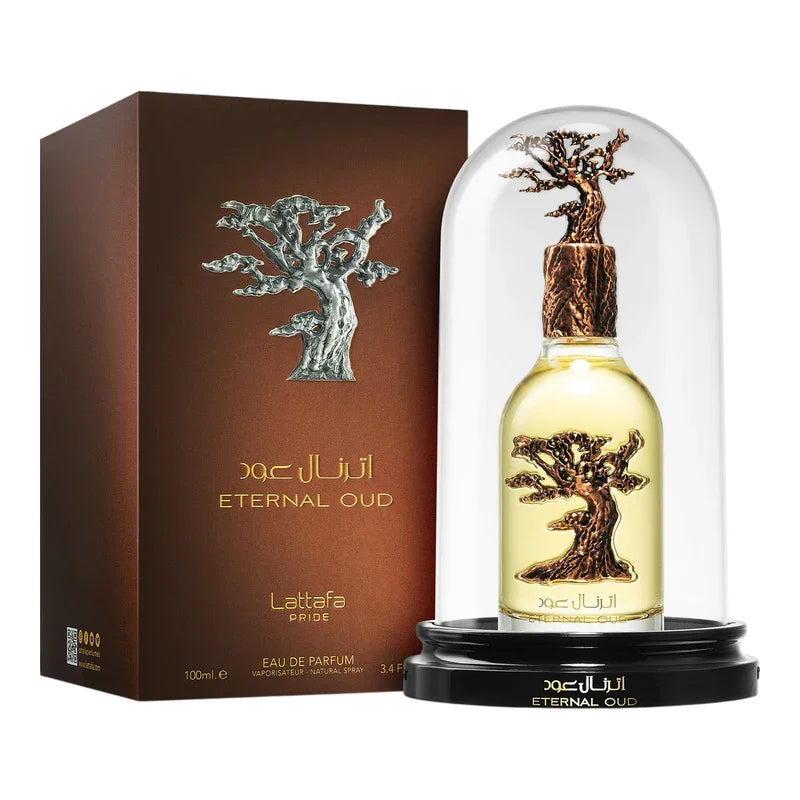 Parfum Eternal Oud de Lattafa Pride dans son coffret et sa cloche en verre.