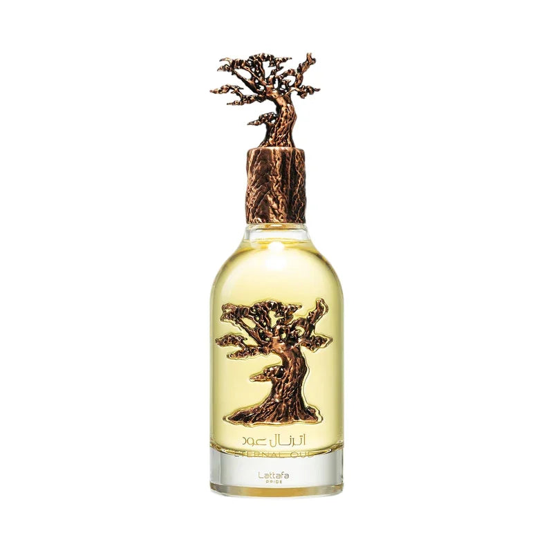 Flacon de parfum Lattafa Eternal Oud avec bouchon sculpté en forme d'arbre