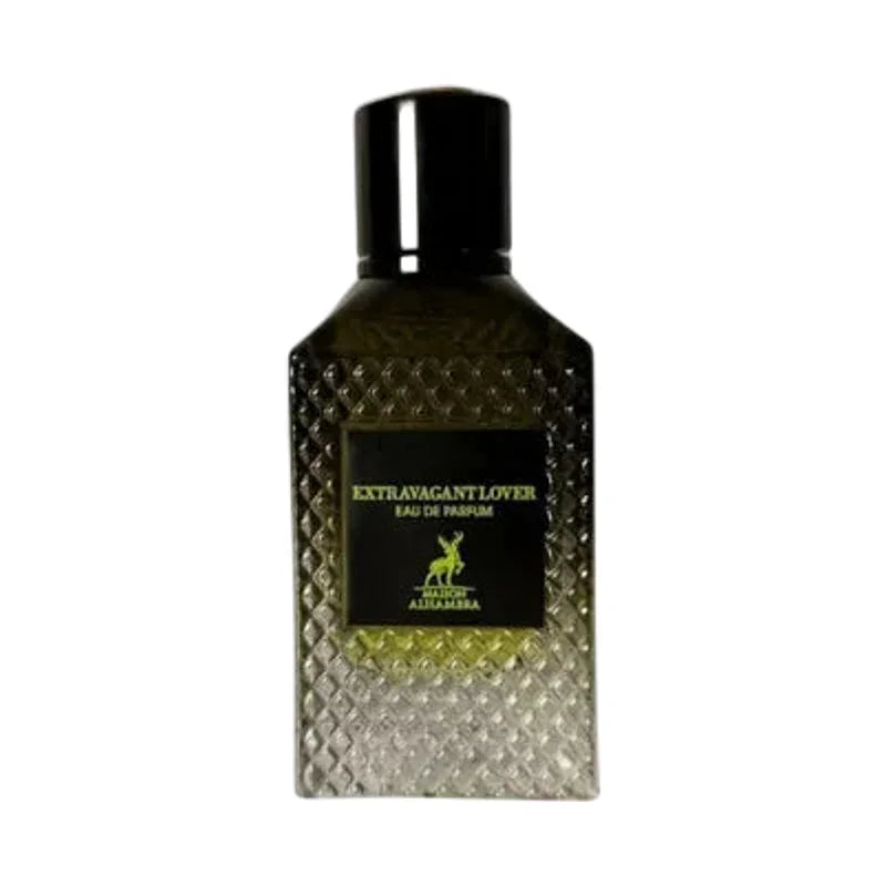 Extravagant Lover Eau de Parfum, flacon texturé vert foncé avec étiquette noire et logo doré