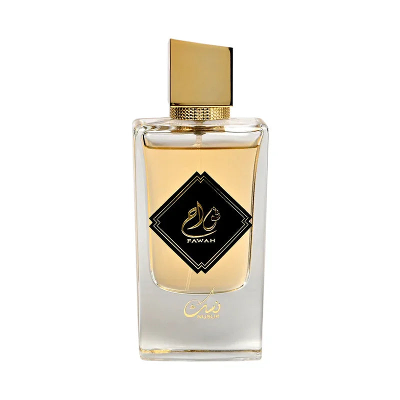 Flacon de parfum Fawah Nusuk avec bouchon doré et étiquette noire élégante