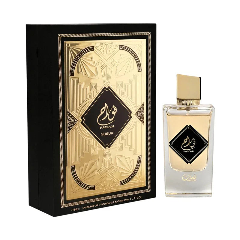 Parfum Fawah Nusuk dans son coffret élégant noir et doré, eau de parfum de luxe.