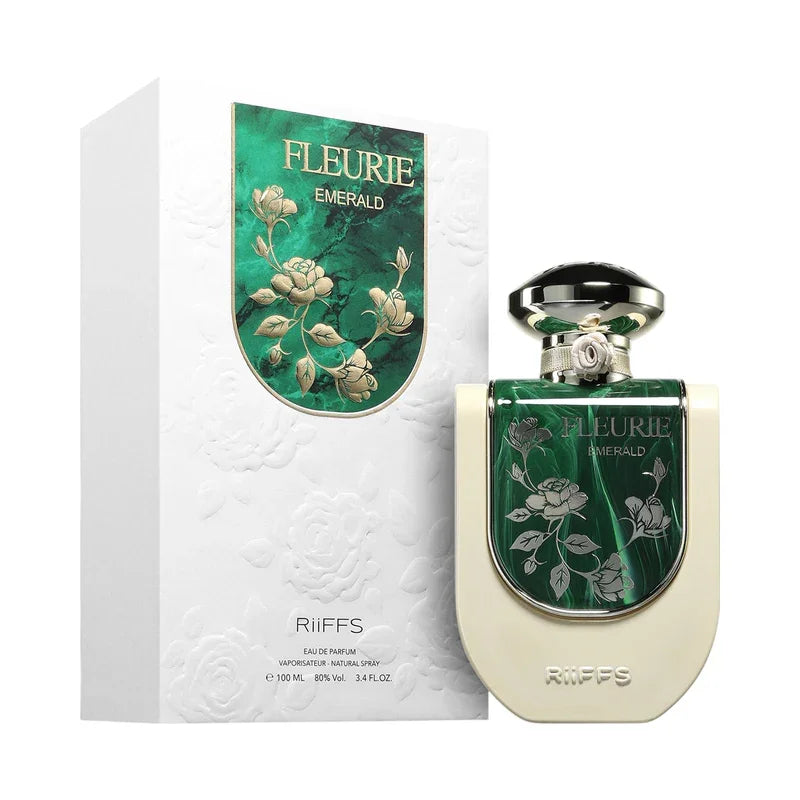 Parfum Fleurie Emerald de RiiFFS en flacon élégant et son coffret blanc floral.