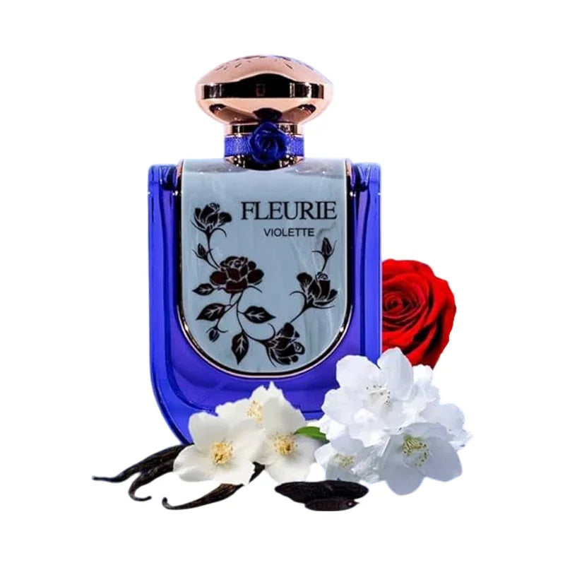 Parfum Fleurie Violette dans un flacon bleu avec fleurs de jasmin et rose rouge