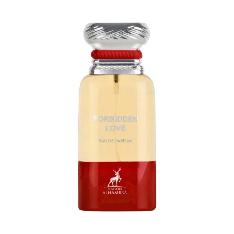 Eau de parfum Forbidden Love, flacon rouge et doré, Maison Alhambra, parfum féminin élégant