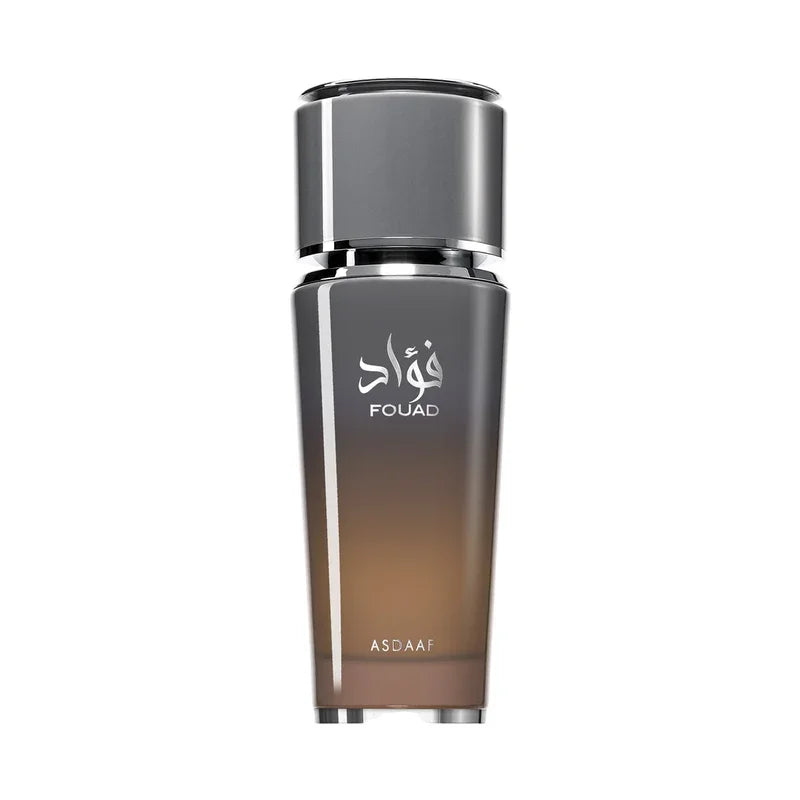 Flacon de parfum Fouad Asdaaf, design élégant et moderne, flacon en verre teinté avec capuchon métallique