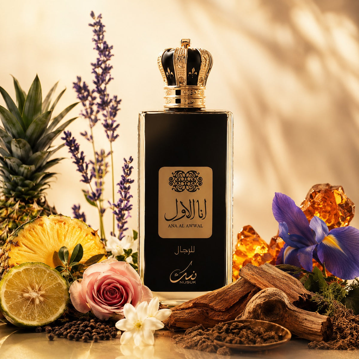 ARVOLA_SHOWCASE — Ana Al Awwal Men, photo artistique (Ananas, Bergamote, Poivre noir, Lavande, Rose, Jasmin, Ambre, Cèdre, Patchouli, Iris, Musc)