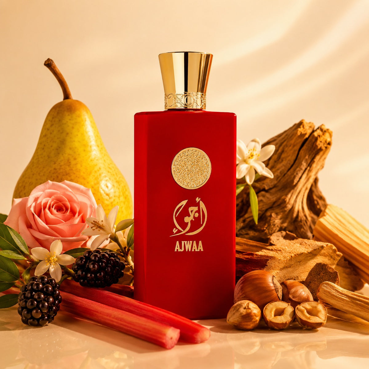 ARVOLA_SHOWCASE — Ajwaa Concentrated Red, photo artistique (Poire, Rhubarbe, Mûre, Rose, Tubéreuse, Fleur d’oranger, Notes boisées, Santal, Noisette)
