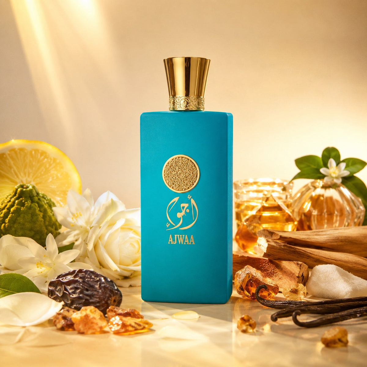 ARVOLA_SHOWCASE — Ajwaa Turquoise, photo artistique (Bergamote, Citron, Notes aquatiques, Datte Ajwa, Rose, Jasmin Sambac, Fleur d’oranger, Ambre doux, Bois de santal, Vanille, Musc blanc, Patchouli)