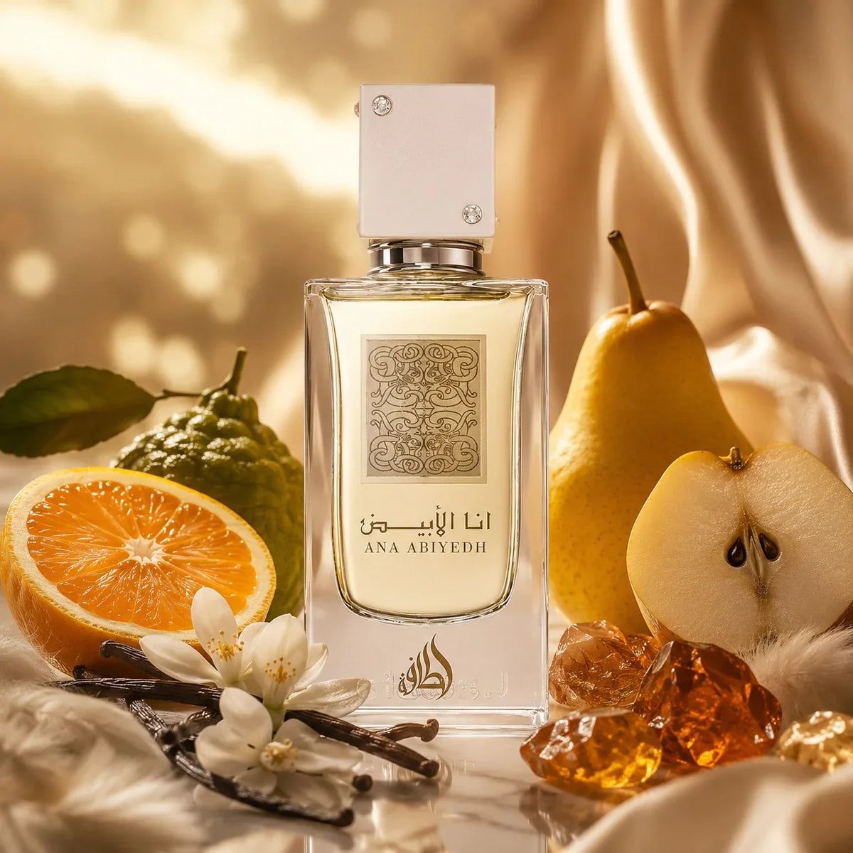 ARVOLA_SHOWCASE — Ana Abiyedh Lattafa, photo artistique (bergamote, orange, vanille, poire, musc, ambre)
