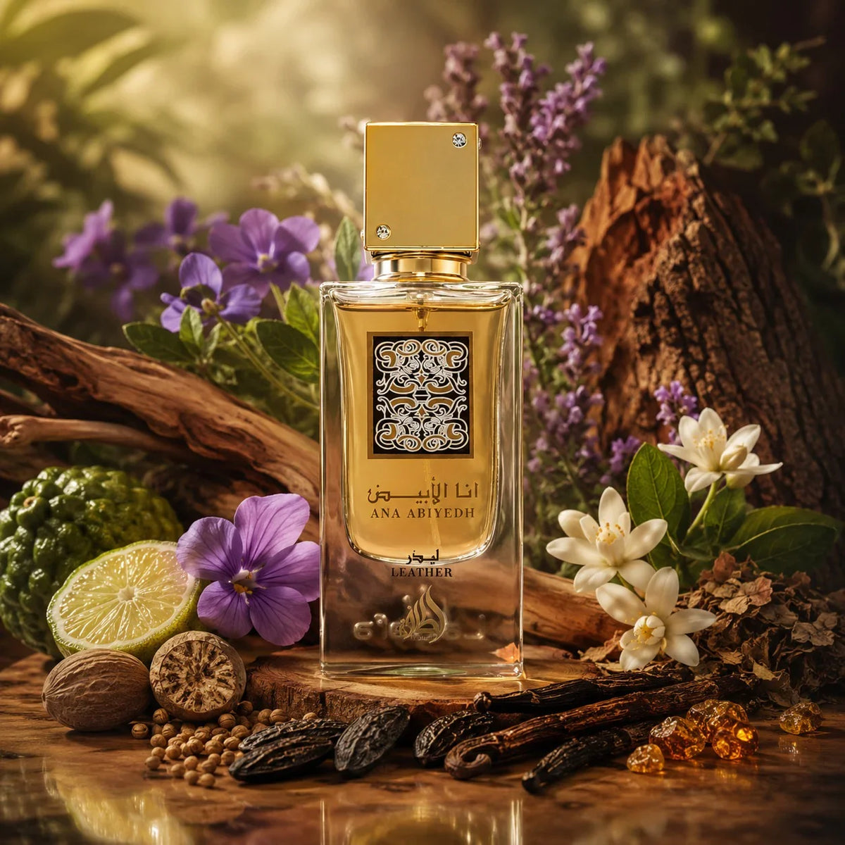 ARVOLA_SHOWCASE — Ana Abiyedh Leather Lattafa, photo artistique (notes boisees, violette, muscade, bergamote, sauge, geranium, fleur d'oranger, feve tonka, patchouli, vanille, santal)