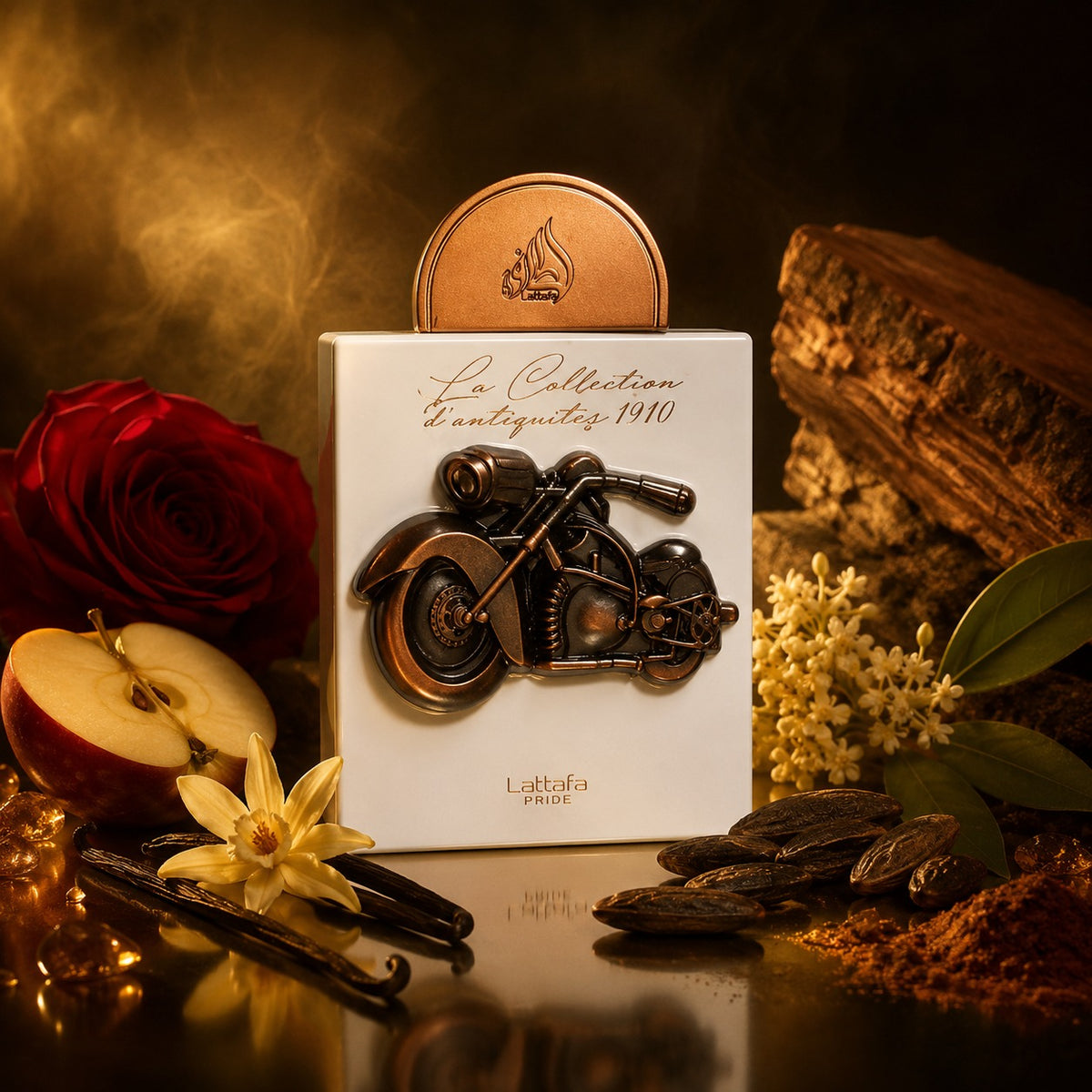 ARVOLA_SHOWCASE — La Collection D'Antiquite Bike Lattafa, photo artistique (pomme, rose, davana, cedre, osmanthus, vanille, feve de tonka, patchouli)