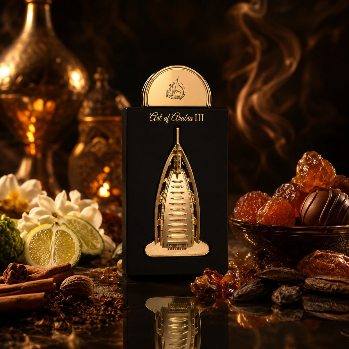 ARVOLA_SHOWCASE — Art of Arabia III Lattafa Pride, photo artistique (bergamote, muscade, cannelle, fleurs blanches, praline, fruits confits, myrrhe, feve tonka)