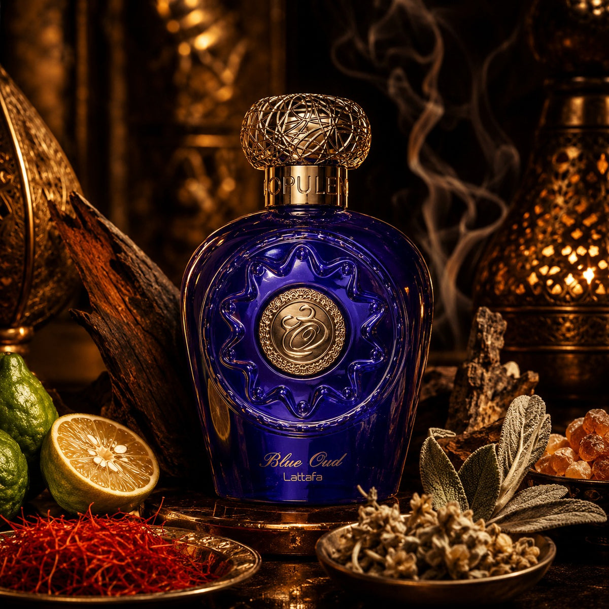 ARVOLA_SHOWCASE — Blue Oud Lattafa, photo artistique (bergamote, oud cambodgien, safran, sauge, musc, bois de gaiac, bois de santal, resines, oud indien)