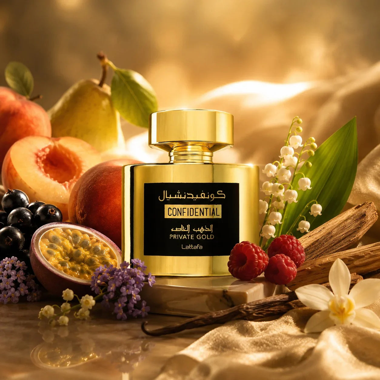 ARVOLA_SHOWCASE — Confidential Private Gold Lattafa, photo artistique (peche, poire, cassis, heliotrope, fruit de la passion, muguet, framboise, musc, vanille, santal, patchouli)