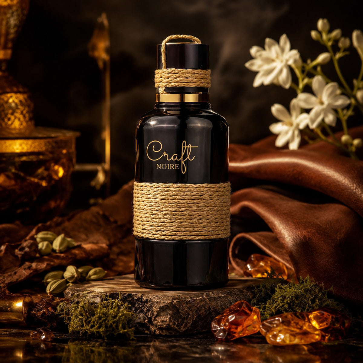 ARVOLA_SHOWCASE — Craft Noire Maison Alhambra, photo artistique (cardamome, cuir, jasmin, ambre, mousse, patchouli)