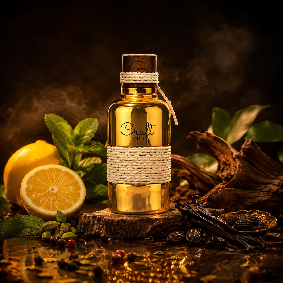ARVOLA_SHOWCASE — Craft Oro Maison Alhambra, photo artistique (agrumes, menthe, épices, bois de santal, fève tonka, patchouli, vanille)