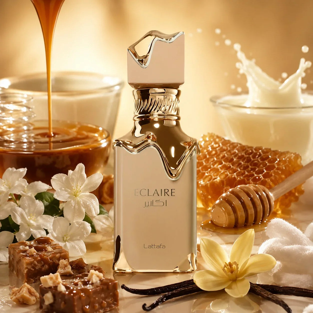 ARVOLA_SHOWCASE — Eclaire Lattafa, photo artistique (caramel, lait, miel, fleurs blanches, vanille, praline, musc)