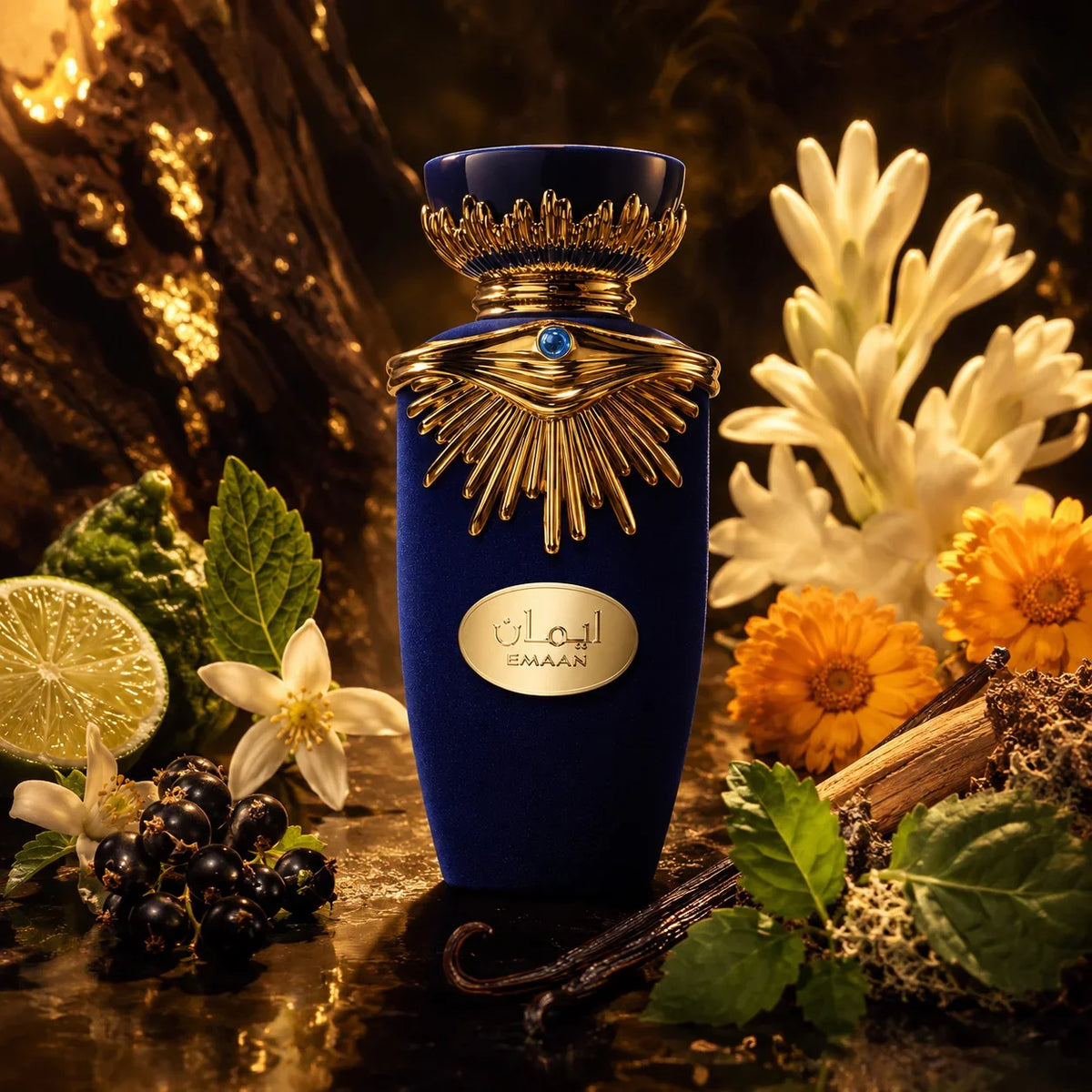 ARVOLA_SHOWCASE — Emaan Lattafa, photo artistique (bergamote, cassis, fleur d'oranger, tubereuse, jasmin, souci, patchouli, musc, vanille, bois de cedre)