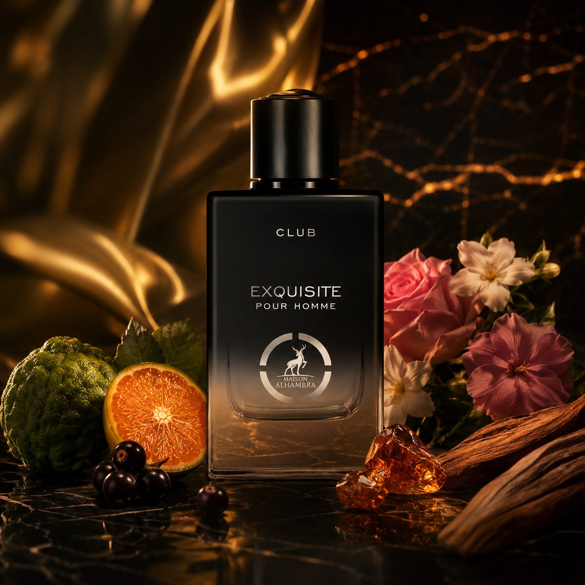 ARVOLA_SHOWCASE — Exquisite Club Maison Alhambra, photo artistique (cassis, mandarine, bergamote, geranium, rose, jasmin, musc, ambre, santal)