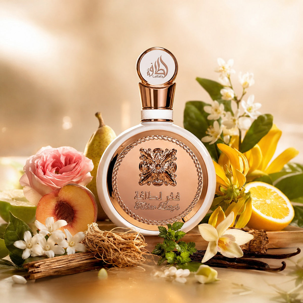 ARVOLA_SHOWCASE — Fakhar Women Lattafa, photo artistique fond clair (rose, jasmin, pêche, poire, pomme, ylang-ylang, patchouli, agrume, fleur d'oranger, vétiver, notes boisées, vanille)