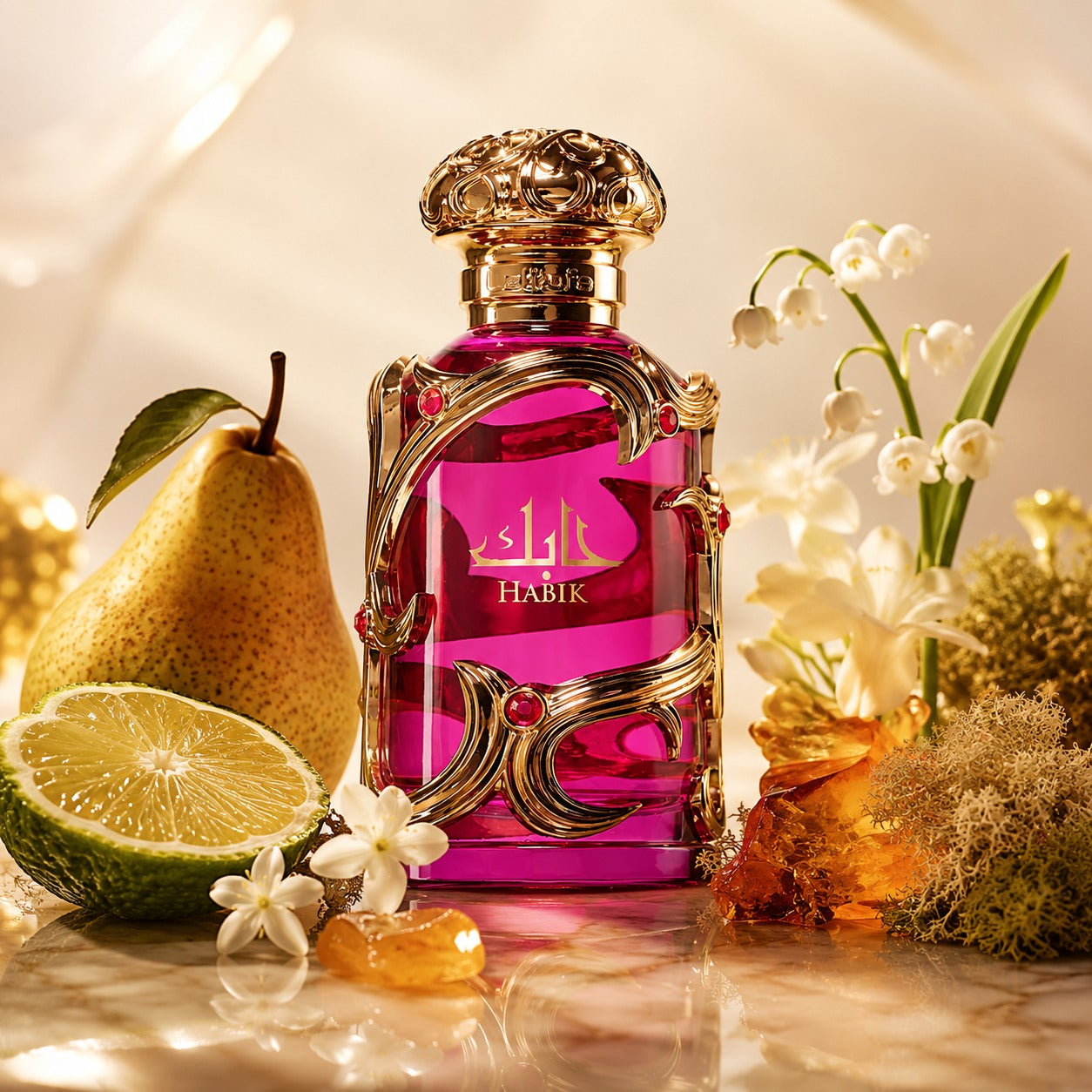 ARVOLA_SHOWCASE — Habik For Women Lattafa, photo artistique fond clair (bergamote, poire, jasmin, muguet, freesia, ambre, musc, mousse de chêne)