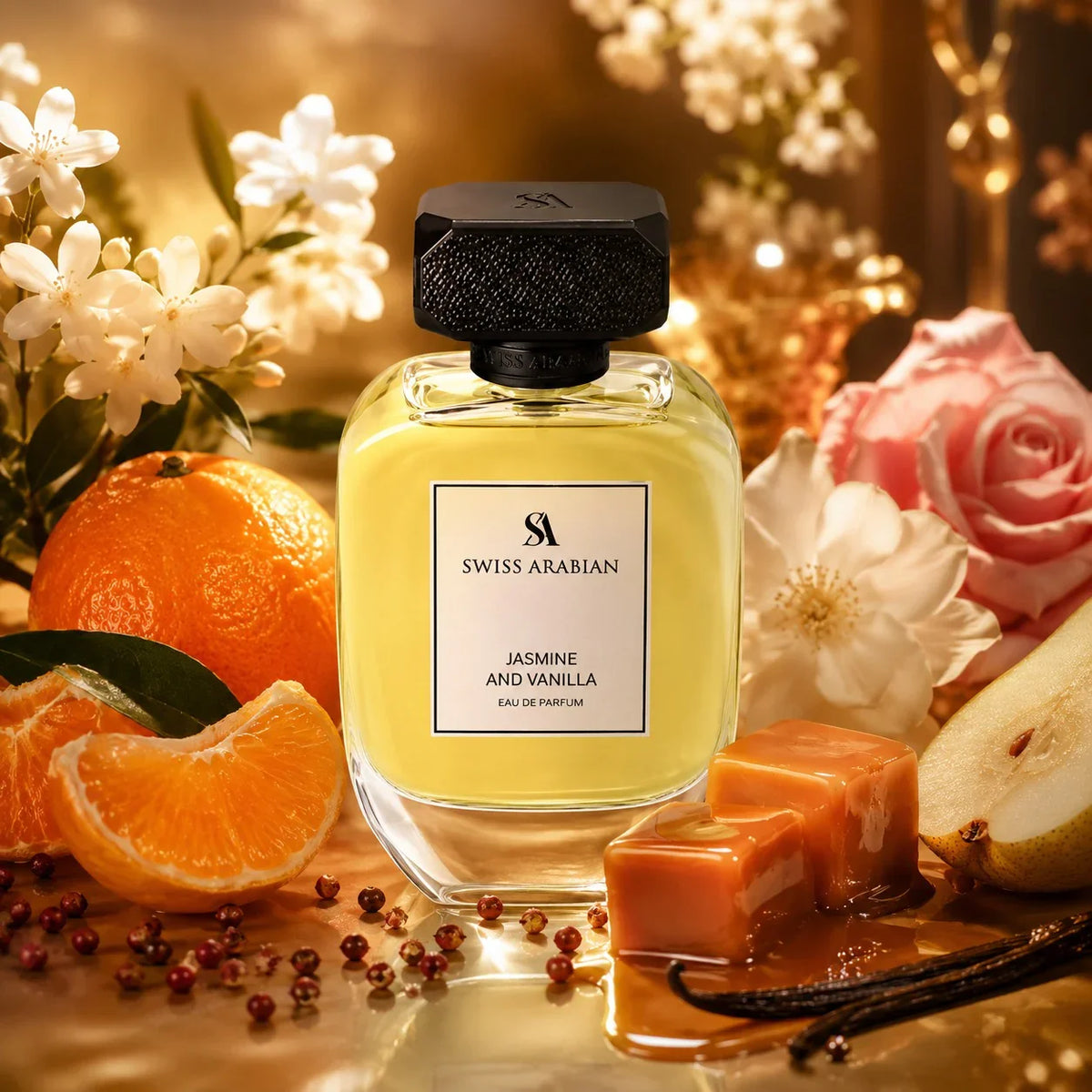 ARVOLA_SHOWCASE — Jasmine and Vanilla Swiss Arabian, photo artistique (mandarine, poire, poivre rose, jasmin, fleur d'oranger, rose, caramel, musc, vanille)