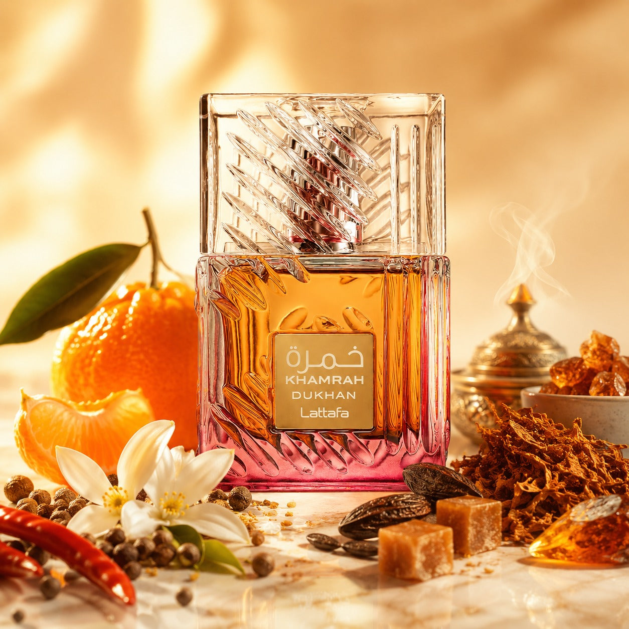 ARVOLA_SHOWCASE — Khamrah Dukhan Lattafa, photo artistique fond clair (épices, piment, mandarine, encens, ciste, patchouli, fleur d'oranger, tabac, praliné, ambre, fève tonka, benjoin)