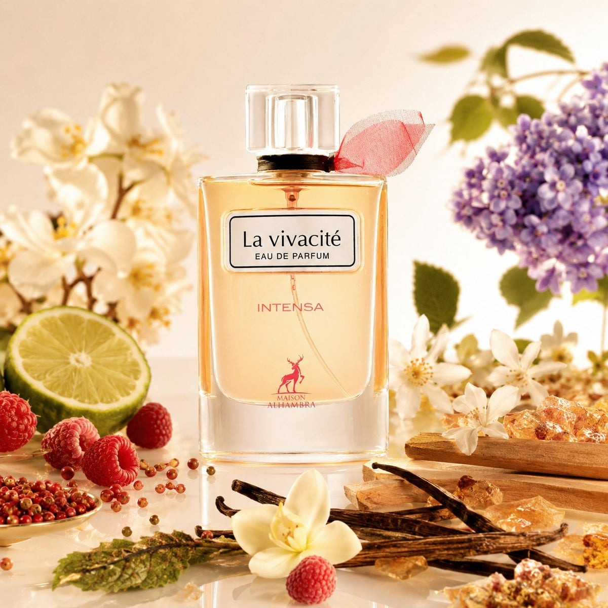 ARVOLA_SHOWCASE — La Vivacite Intensa Maison Alhambra, photo artistique fond clair (framboise, poivre rose, bergamote, héliotrope, jasmin sambac, fleur d'oranger, vanille, iris, benjoin, patchouli, bois de santal)